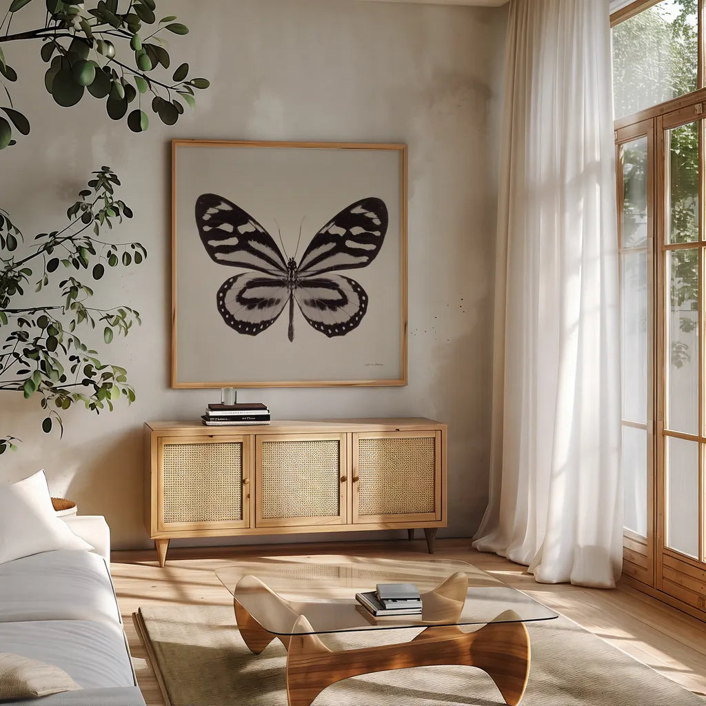 Butterfly V Gray by Debra Van Swearingen. Shown in a natural wood frame in a cozy modern living room. Available as an archival giclee rolled canvas, fine art paper, or poster print. SKU 92347a.
