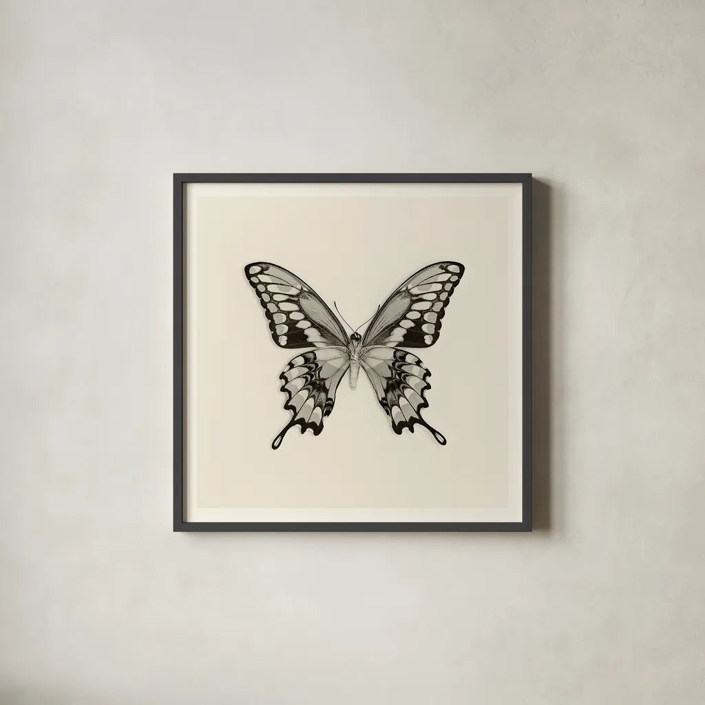 Butterfly VI BW by Debra Van Swearingen. Shown in a sleek black glass frame for a contemporary gallery look. Available as an archival giclee rolled canvas, fine art paper, or poster print. SKU 25727a.