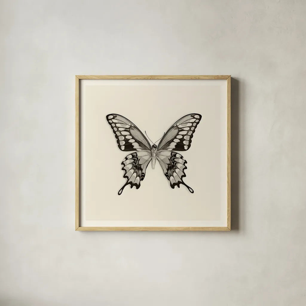Butterfly VI BW by Debra Van Swearingen. Shown in a natural wood glass frame for a timeless modern aesthetic. Available as an archival giclee rolled canvas, fine art paper, or poster print. SKU 25727a.