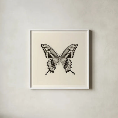 Butterfly VI BW by Debra Van Swearingen. Shown in a crisp white glass frame for a clean and minimalist style. Available as an archival giclee rolled canvas, fine art paper, or poster print. SKU 25727a.