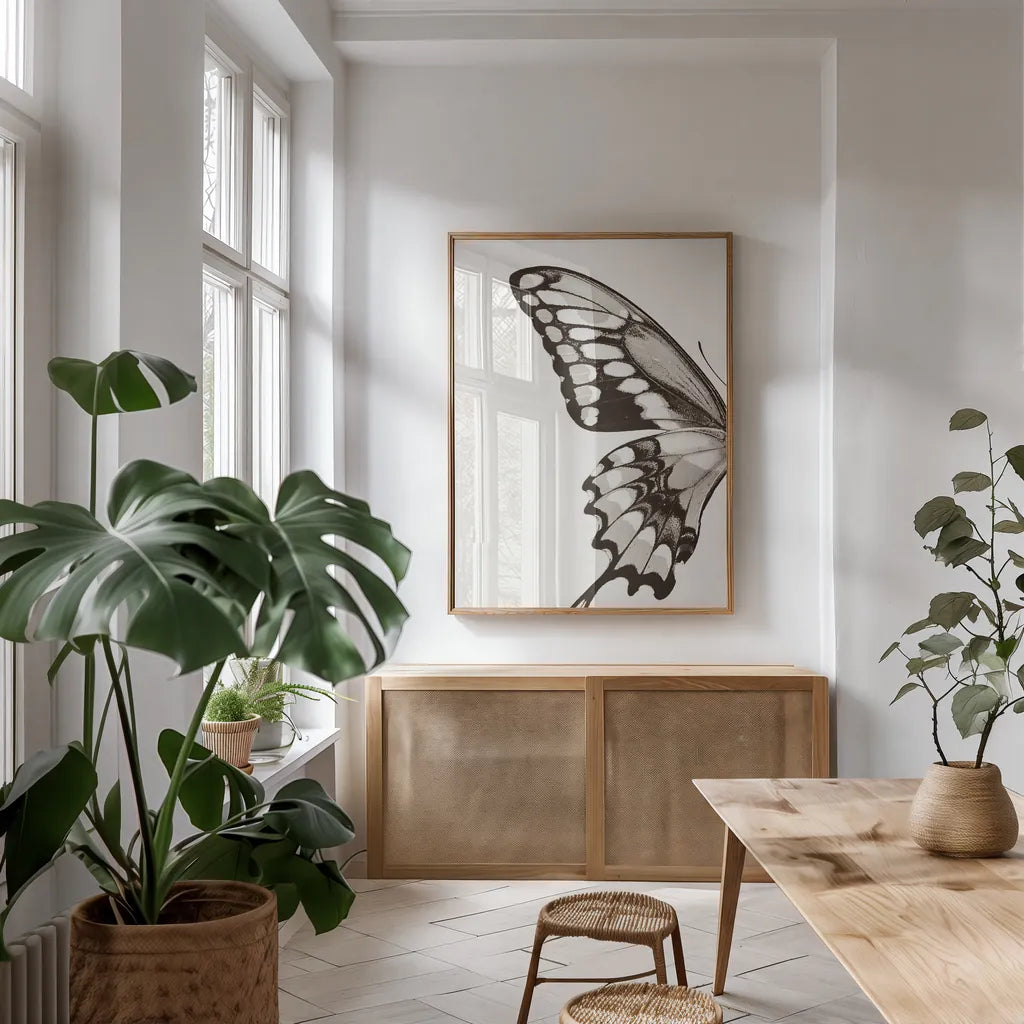 Butterfly VI BW on White Crop I by Debra Van Swearingen. shown as a print in a natural wood frame in a dining room. Available as a archival giclee rolled canvas, fine art paper, or poster print. SKU 92210h.