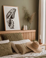 Butterfly VI BW on White Crop II by Debra Van Swearingen. shown as a paper print in a natural frame. Available as a archival giclee rolled canvas, fine art paper, or poster print. SKU 92211h.