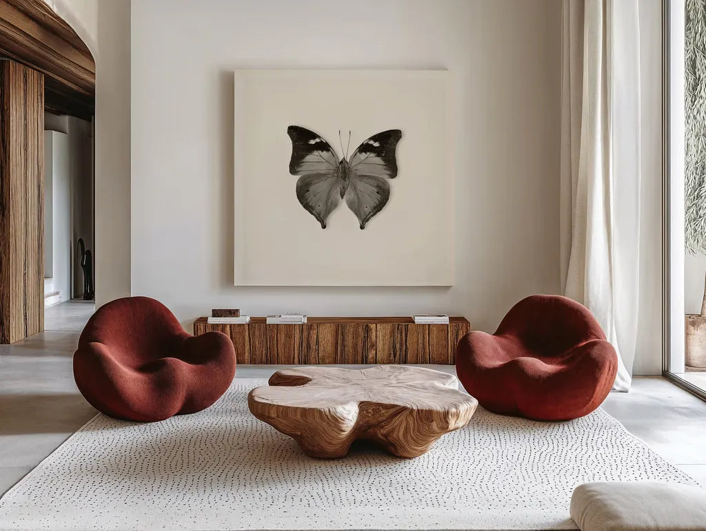 Butterfly VII BW by Debra Van Swearingen. Shown as extra-large giant wall art in a modern living room. Available as an archival giclee rolled canvas, fine art paper, or poster print. SKU 25728a.