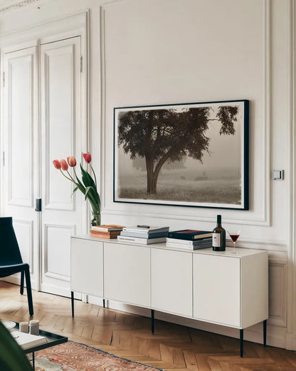 Calm Mist by Debra Van Swearingen. shown as a framed stretched canvas in a living room above a console. Available as a archival giclee rolled canvas, fine art paper, or poster print. SKU 23491i.