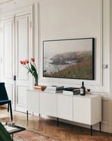 Coastal Fog II by Debra Van Swearingen. shown as a framed stretched canvas in a living room above a console. Available as a archival giclee rolled canvas, fine art paper, or poster print. SKU 81260i.
