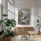 Coastal Fog III by Debra Van Swearingen. shown as a print in a natural wood frame in a dining room. Available as a archival giclee rolled canvas, fine art paper, or poster print. SKU 81261h.