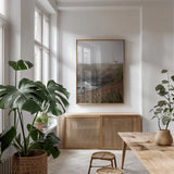 Coastal Fog IV by Debra Van Swearingen. shown as a print in a natural wood frame in a dining room. Available as a archival giclee rolled canvas, fine art paper, or poster print. SKU 81262h.