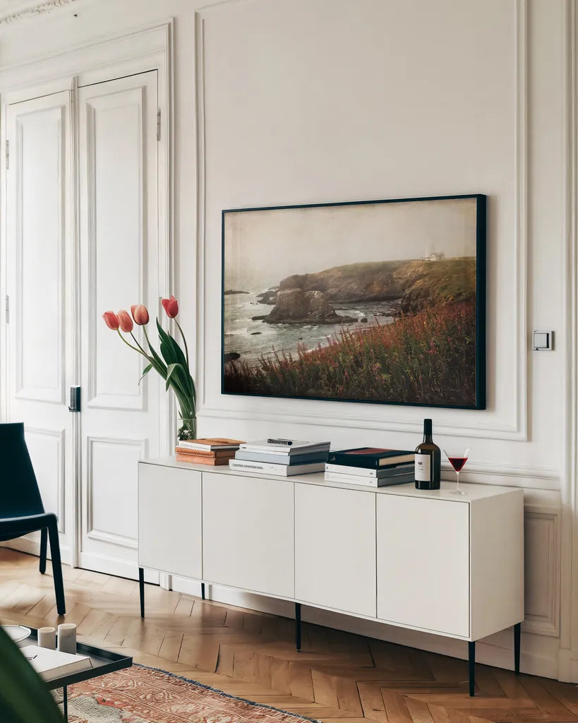 Coastal Mist by Debra Van Swearingen. shown as a framed stretched canvas in a living room above a console. Available as a archival giclee rolled canvas, fine art paper, or poster print. SKU 47843i.