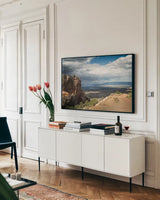Colorado Scene by Debra Van Swearingen. shown as a framed stretched canvas in a living room above a console. Available as a archival giclee rolled canvas, fine art paper, or poster print. SKU 88676i.