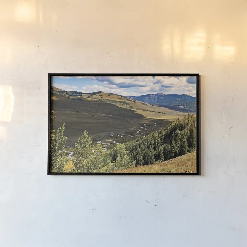 Colorado Valley by Debra Van Swearingen. shown as a paper print in a black flame. Available as a archival giclee rolled canvas, fine art paper, or poster print. SKU 82775i.
