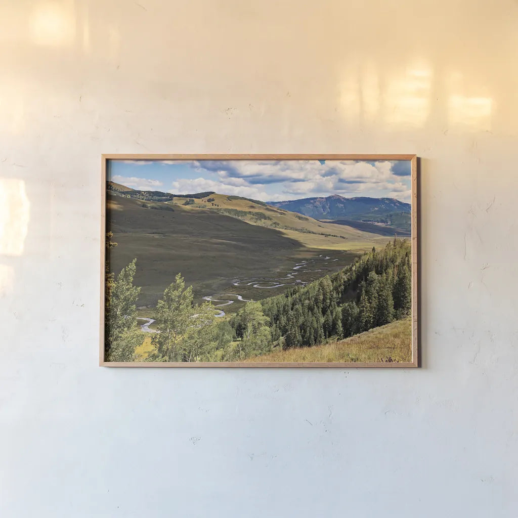 Colorado Valley by Debra Van Swearingen. shown as a paper print in a natural frame. Available as a archival giclee rolled canvas, fine art paper, or poster print. SKU 82775i.