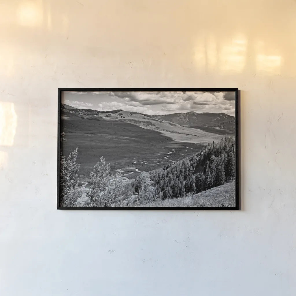 Colorado Valley BW by Debra Van Swearingen. shown as a paper print in a black flame. Available as a archival giclee rolled canvas, fine art paper, or poster print. SKU 82776i.