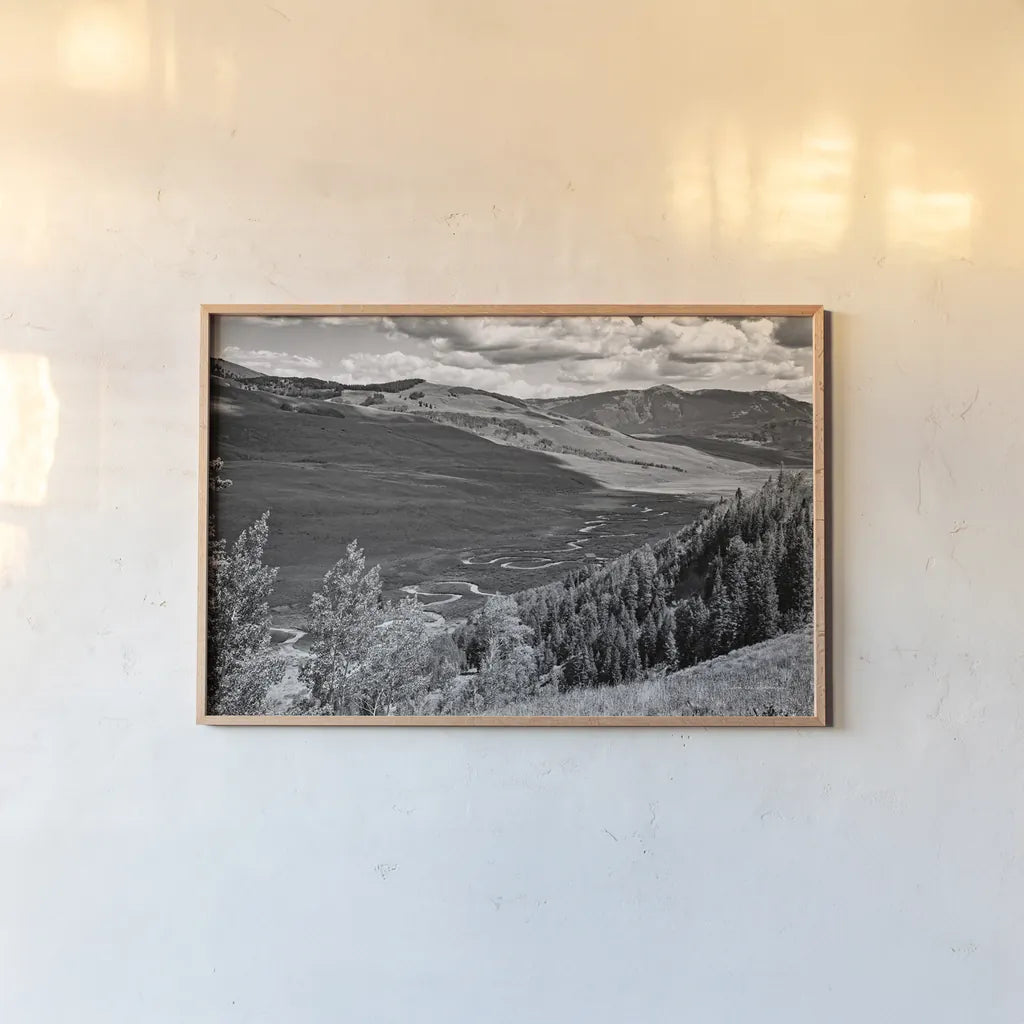 Colorado Valley BW by Debra Van Swearingen. shown as a paper print in a natural frame. Available as a archival giclee rolled canvas, fine art paper, or poster print. SKU 82776i.
