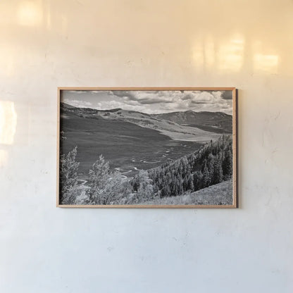 Colorado Valley BW by Debra Van Swearingen. shown as a paper print in a natural frame. Available as a archival giclee rolled canvas, fine art paper, or poster print. SKU 82776i.