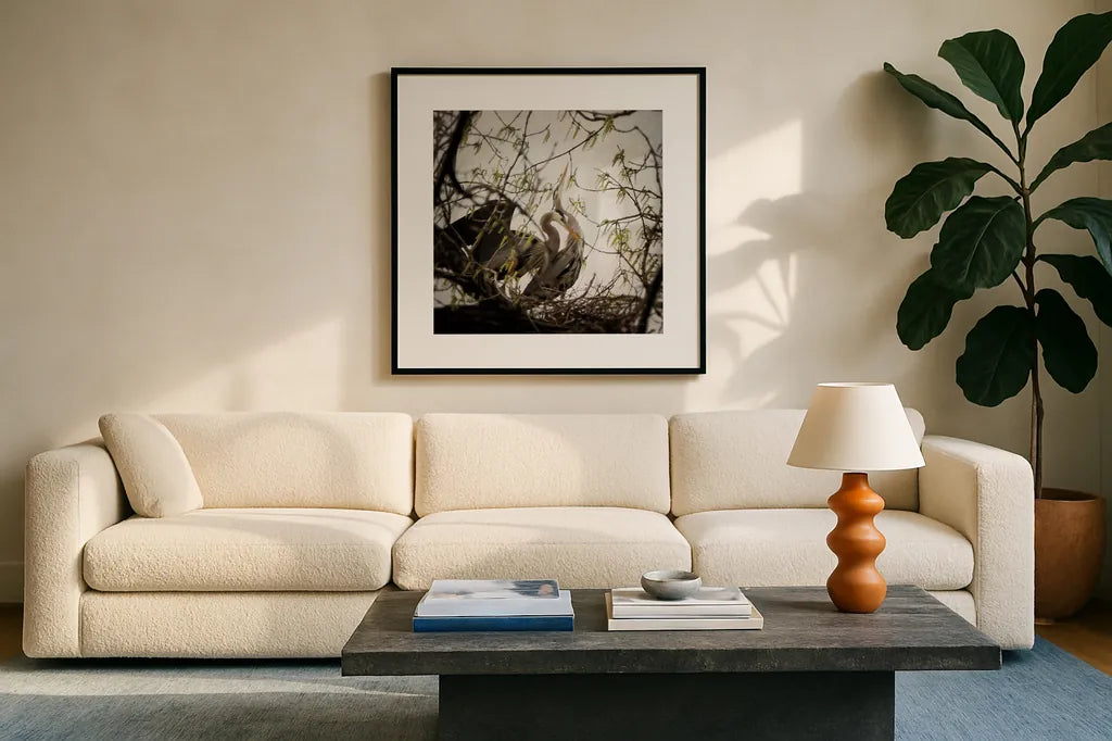 Connection by Debra Van Swearingen. Displayed in a glass frame with matte in a clean modern living room. Available as an archival giclee rolled canvas, fine art paper, or poster print. SKU 63819a.