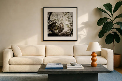 Connection by Debra Van Swearingen. Displayed in a glass frame with matte in a clean modern living room. Available as an archival giclee rolled canvas, fine art paper, or poster print. SKU 63819a.