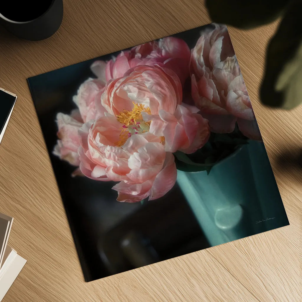 Coral Peonies I by Debra Van Swearingen. Shown as a detailed flat fine art print, highlighting archival giclee quality. Available as an archival giclee rolled canvas, fine art paper, or poster print. SKU 86250a.