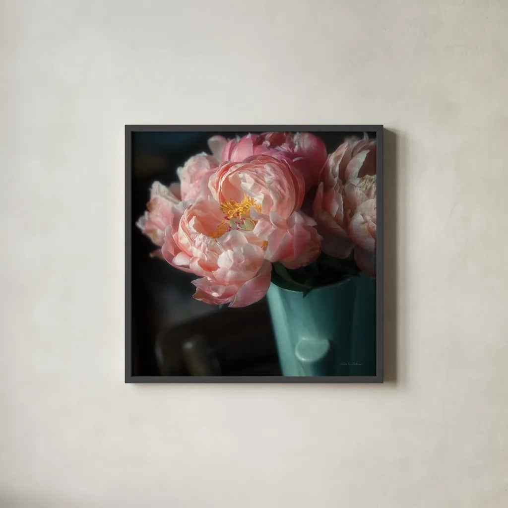 Coral Peonies I by Debra Van Swearingen. Shown in a sleek black glass frame for a contemporary gallery look. Available as an archival giclee rolled canvas, fine art paper, or poster print. SKU 86250a.
