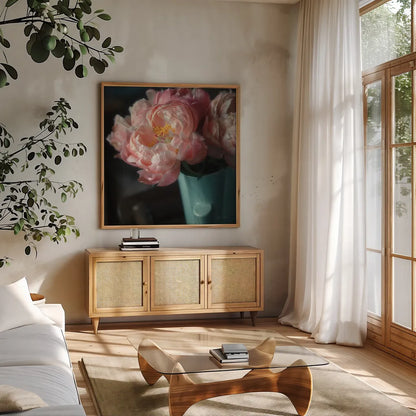 Coral Peonies I by Debra Van Swearingen. Shown in a natural wood frame in a cozy modern living room. Available as an archival giclee rolled canvas, fine art paper, or poster print. SKU 86250a.