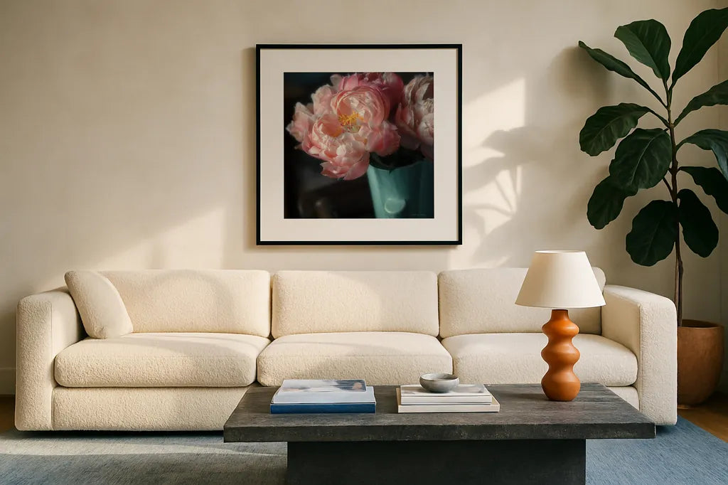 Coral Peonies I by Debra Van Swearingen. Displayed in a glass frame with matte in a clean modern living room. Available as an archival giclee rolled canvas, fine art paper, or poster print. SKU 86250a.