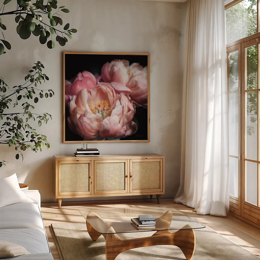 Coral Peonies II by Debra Van Swearingen. Shown in a natural wood frame in a cozy modern living room. Available as an archival giclee rolled canvas, fine art paper, or poster print. SKU 86251a.
