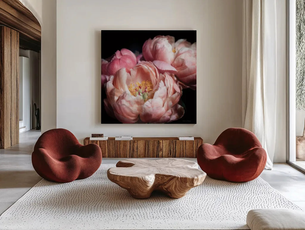 Coral Peonies II by Debra Van Swearingen. Shown as extra-large giant wall art in a modern living room. Available as an archival giclee rolled canvas, fine art paper, or poster print. SKU 86251a.