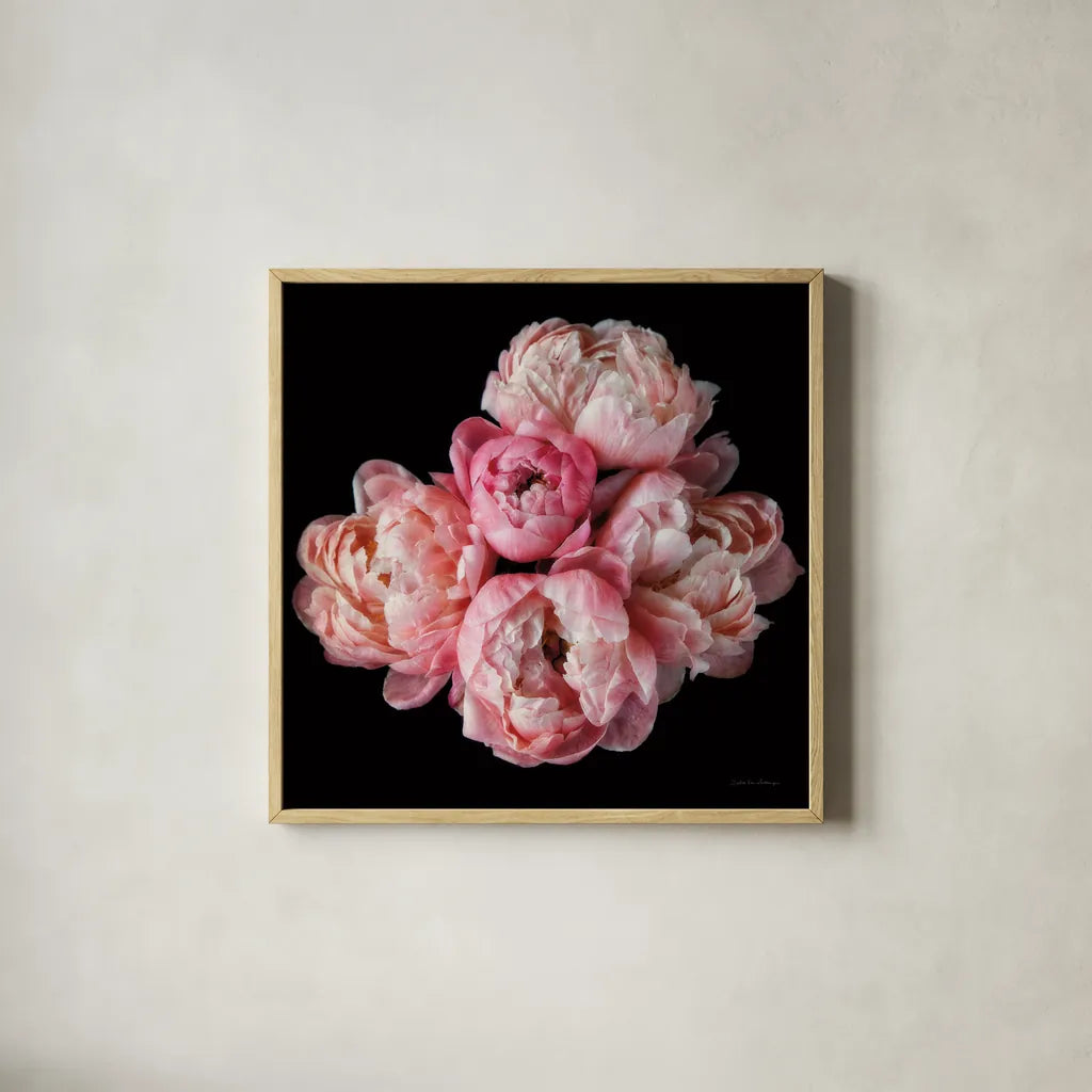 Coral Peonies III by Debra Van Swearingen. Shown in a natural wood glass frame for a timeless modern aesthetic. Available as an archival giclee rolled canvas, fine art paper, or poster print. SKU 86252a.