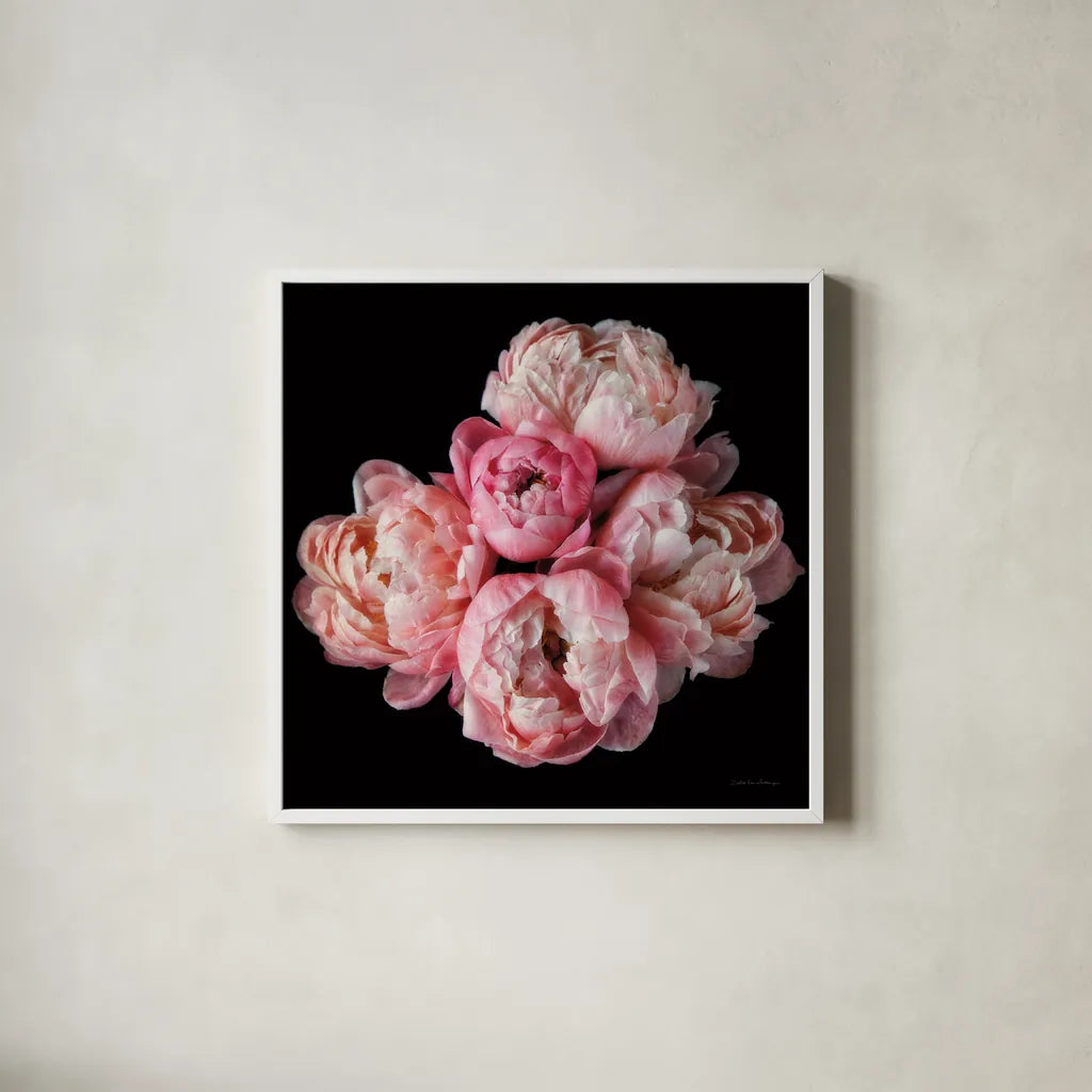 Coral Peonies III by Debra Van Swearingen. Shown in a crisp white glass frame for a clean and minimalist style. Available as an archival giclee rolled canvas, fine art paper, or poster print. SKU 86252a.
