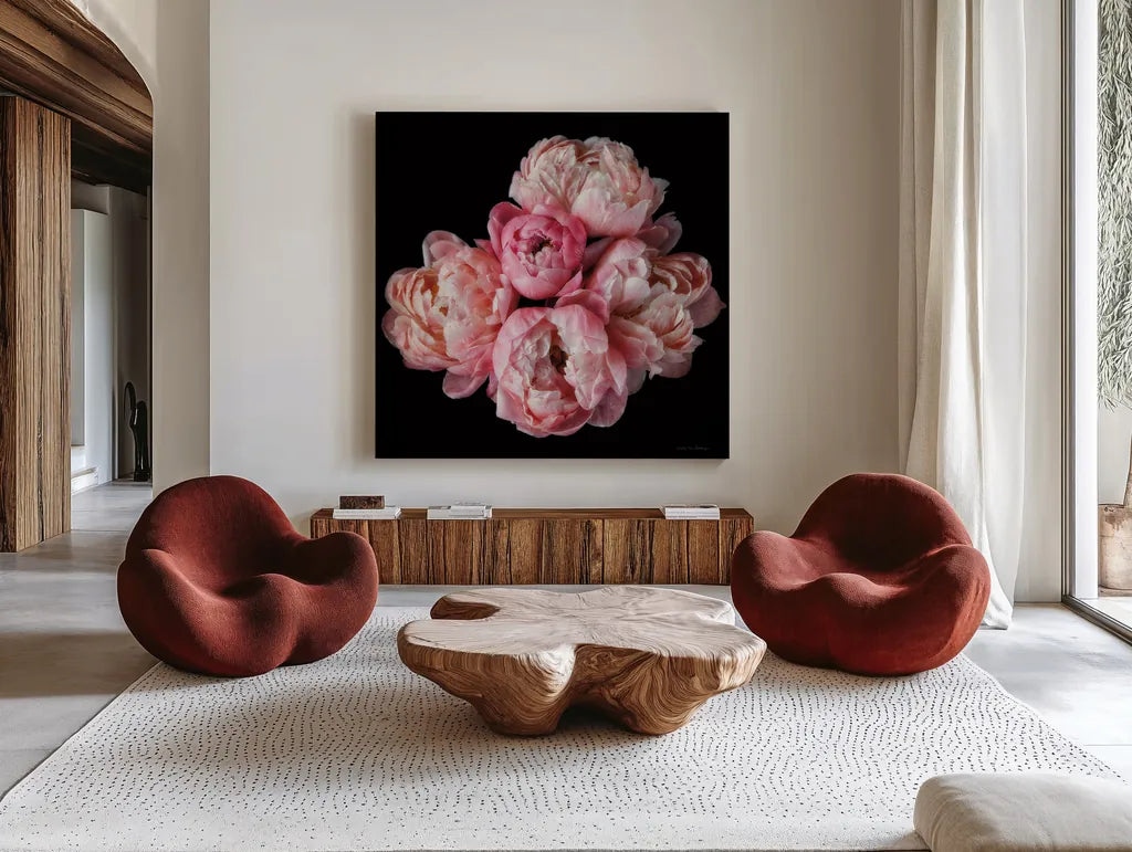 Coral Peonies III by Debra Van Swearingen. Shown as extra-large giant wall art in a modern living room. Available as an archival giclee rolled canvas, fine art paper, or poster print. SKU 86252a.