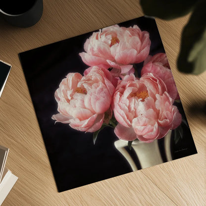 Coral Peonies VI by Debra Van Swearingen. Shown as a detailed flat fine art print, highlighting archival giclee quality. Available as an archival giclee rolled canvas, fine art paper, or poster print. SKU 86255a.