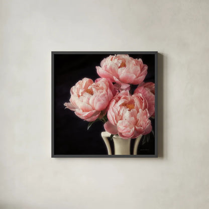 Coral Peonies VI by Debra Van Swearingen. Shown in a sleek black glass frame for a contemporary gallery look. Available as an archival giclee rolled canvas, fine art paper, or poster print. SKU 86255a.