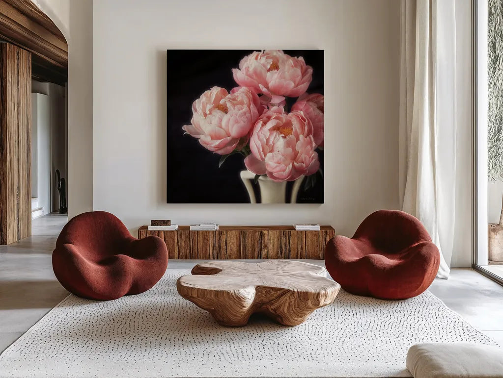 Coral Peonies VI by Debra Van Swearingen. Shown as extra-large giant wall art in a modern living room. Available as an archival giclee rolled canvas, fine art paper, or poster print. SKU 86255a.