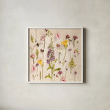Cottage Flora I by Debra Van Swearingen. Shown in a crisp white glass frame for a clean and minimalist style. Available as an archival giclee rolled canvas, fine art paper, or poster print. SKU 86783a.
