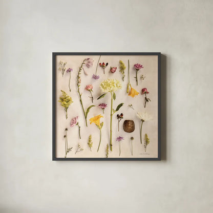 Cottage Flora II by Debra Van Swearingen. Shown in a sleek black glass frame for a contemporary gallery look. Available as an archival giclee rolled canvas, fine art paper, or poster print. SKU 86784a.