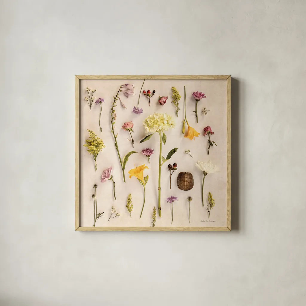 Cottage Flora II by Debra Van Swearingen. Shown in a natural wood glass frame for a timeless modern aesthetic. Available as an archival giclee rolled canvas, fine art paper, or poster print. SKU 86784a.