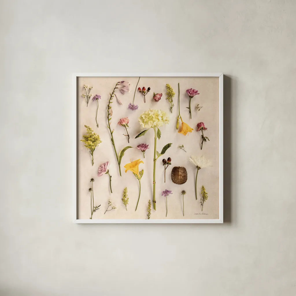 Cottage Flora II by Debra Van Swearingen. Shown in a crisp white glass frame for a clean and minimalist style. Available as an archival giclee rolled canvas, fine art paper, or poster print. SKU 86784a.