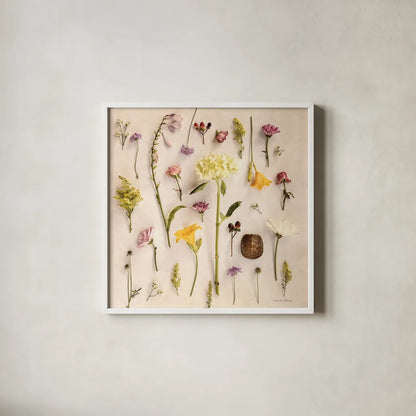 Cottage Flora II by Debra Van Swearingen. Shown in a crisp white glass frame for a clean and minimalist style. Available as an archival giclee rolled canvas, fine art paper, or poster print. SKU 86784a.