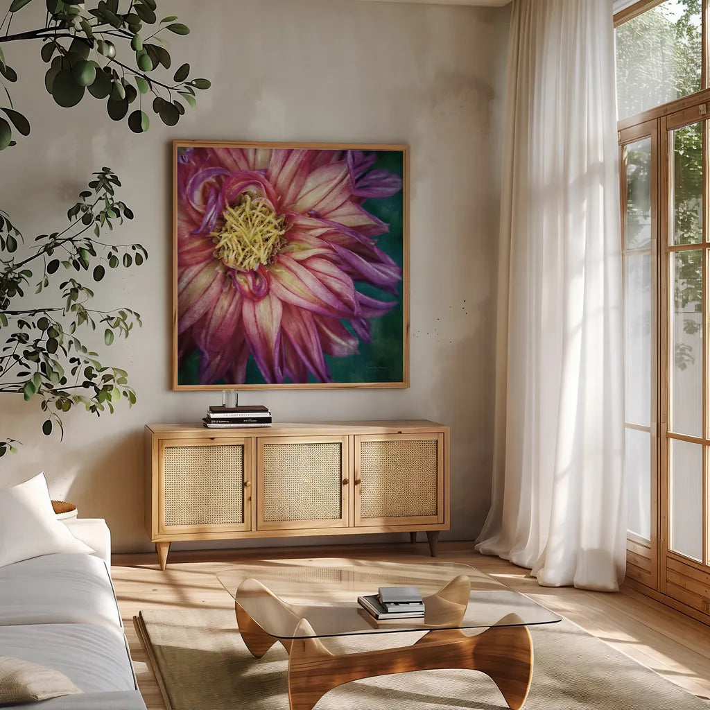 Dahlia I by Debra Van Swearingen. Shown in a natural wood frame in a cozy modern living room. Available as an archival giclee rolled canvas, fine art paper, or poster print. SKU 63777a.