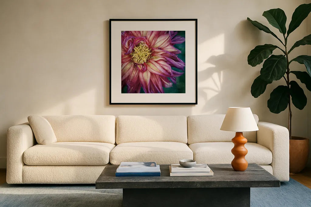 Dahlia I by Debra Van Swearingen. Displayed in a glass frame with matte in a clean modern living room. Available as an archival giclee rolled canvas, fine art paper, or poster print. SKU 63777a.
