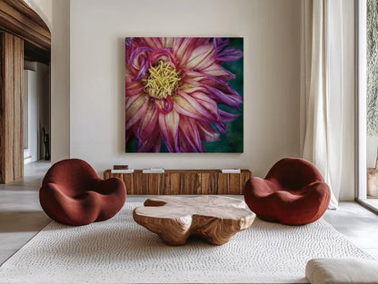 Dahlia I by Debra Van Swearingen. Shown as extra-large giant wall art in a modern living room. Available as an archival giclee rolled canvas, fine art paper, or poster print. SKU 63777a.