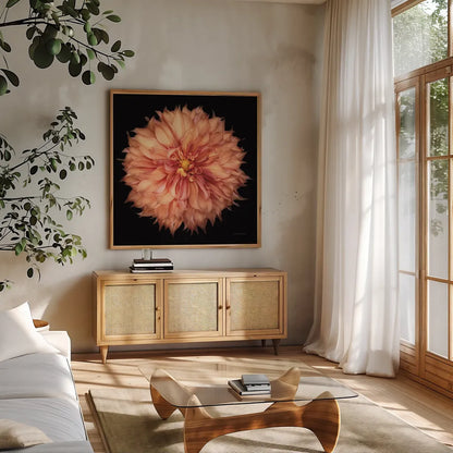Dahlia I by Debra Van Swearingen. Shown in a natural wood frame in a cozy modern living room. Available as an archival giclee rolled canvas, fine art paper, or poster print. SKU 89716a.