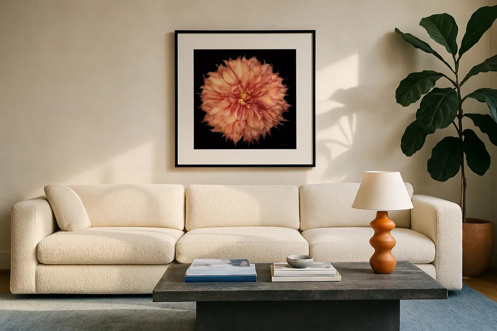 Dahlia I by Debra Van Swearingen. Displayed in a glass frame with matte in a clean modern living room. Available as an archival giclee rolled canvas, fine art paper, or poster print. SKU 89716a.