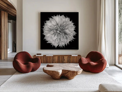 Dahlia I BW by Debra Van Swearingen. Shown as extra-large giant wall art in a modern living room. Available as an archival giclee rolled canvas, fine art paper, or poster print. SKU 89722a.