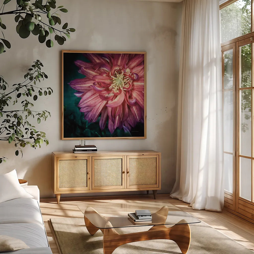 Dahlia II by Debra Van Swearingen. Shown in a natural wood frame in a cozy modern living room. Available as an archival giclee rolled canvas, fine art paper, or poster print. SKU 63778a.