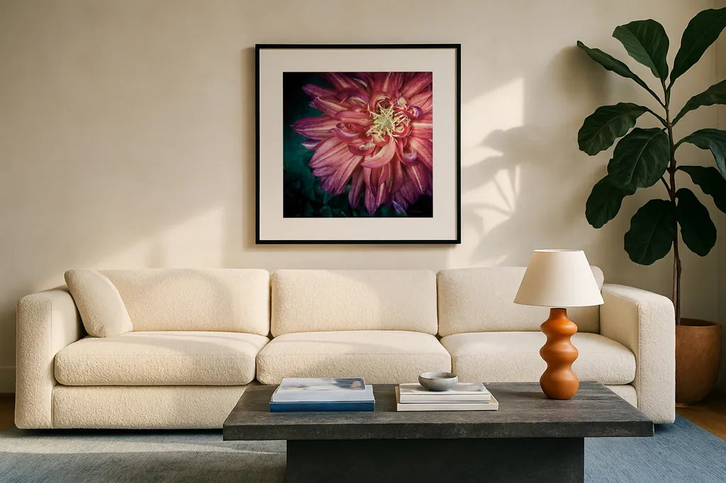 Dahlia II by Debra Van Swearingen. Displayed in a glass frame with matte in a clean modern living room. Available as an archival giclee rolled canvas, fine art paper, or poster print. SKU 63778a.