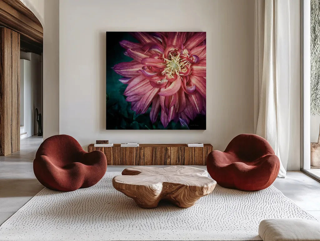 Dahlia II by Debra Van Swearingen. Shown as extra-large giant wall art in a modern living room. Available as an archival giclee rolled canvas, fine art paper, or poster print. SKU 63778a.