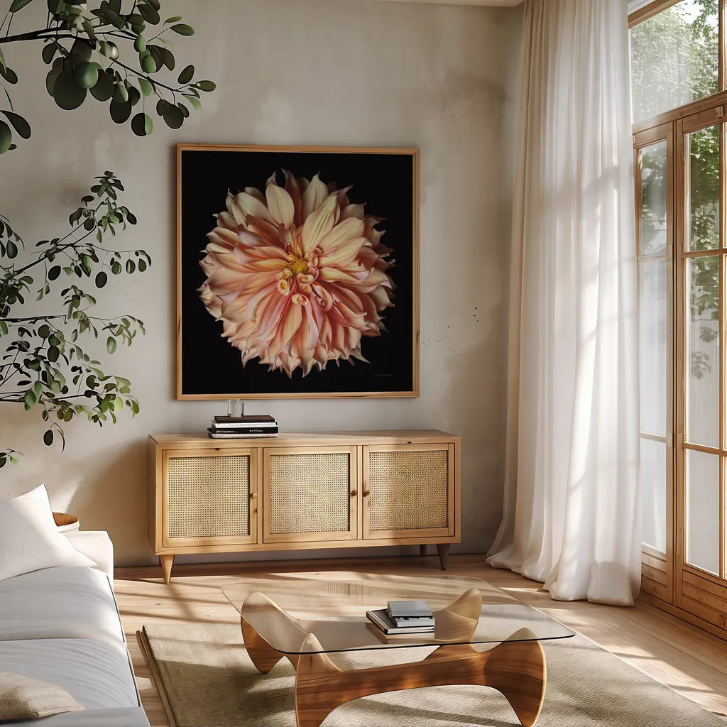 Dahlia II by Debra Van Swearingen. Shown in a natural wood frame in a cozy modern living room. Available as an archival giclee rolled canvas, fine art paper, or poster print. SKU 89717a.