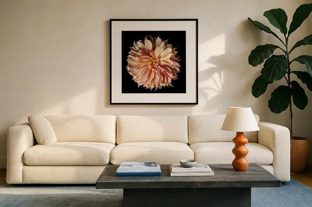 Dahlia II by Debra Van Swearingen. Displayed in a glass frame with matte in a clean modern living room. Available as an archival giclee rolled canvas, fine art paper, or poster print. SKU 89717a.
