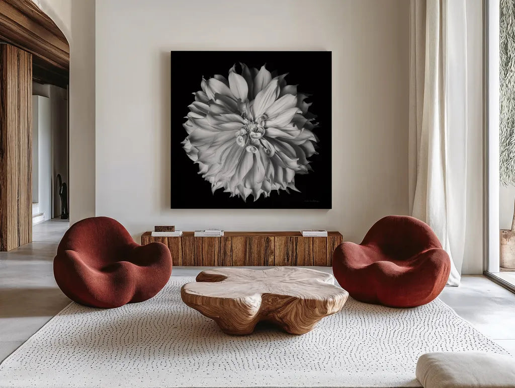 Dahlia II BW by Debra Van Swearingen. Shown as extra-large giant wall art in a modern living room. Available as an archival giclee rolled canvas, fine art paper, or poster print. SKU 89723a.