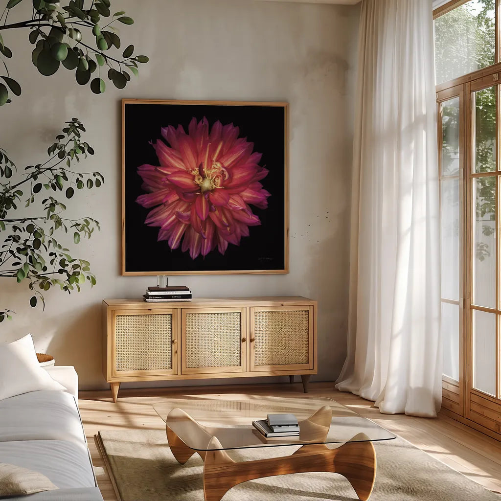 Dahlia III by Debra Van Swearingen. Shown in a natural wood frame in a cozy modern living room. Available as an archival giclee rolled canvas, fine art paper, or poster print. SKU 89718a.